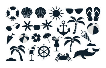 Summer Silhouettes Vector Collection with Ice Cream, Seashells, Palms, Beach, and Sun