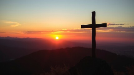 Sunset Silhouette Cross on Mountaintop Peaceful Landscape Photo
