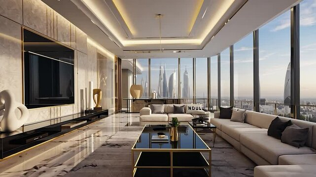 Luxurious Living Room Interior with City View in Dubai
