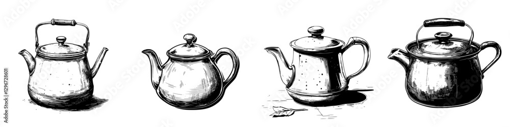 Aufkleber hand drawn vector illustration of various teapots in different styles and shapes showcasing unique d