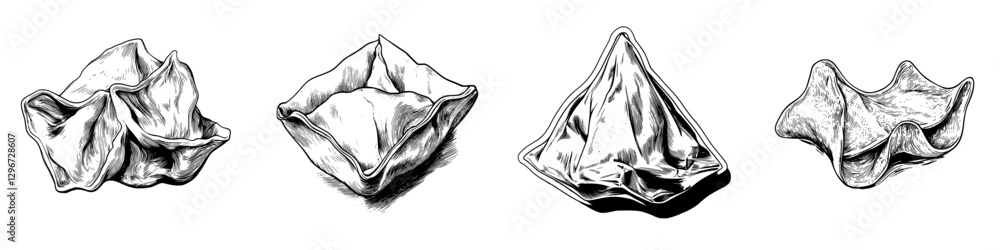 Poster hand drawn vector sketch of various folded shapes showcasing texture and form in a monochromatic sty