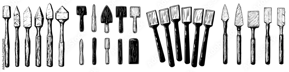 Aufkleber hand-drawn vector illustration of various chisels and carving tools arranged in a neat design for ar
