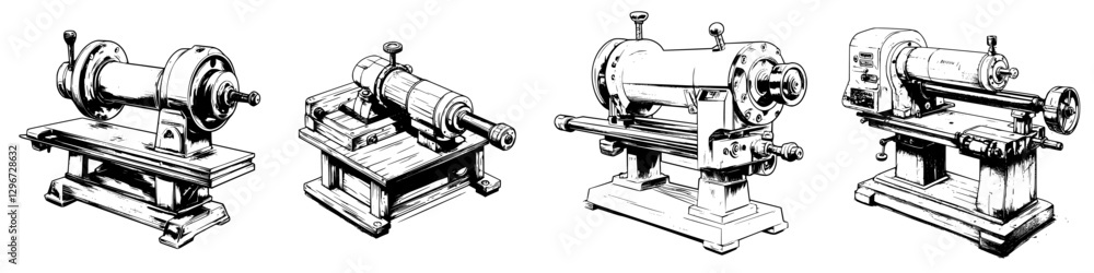 Poster hand-drawn vector illustration showcasing various types of lathes in a workshop setting