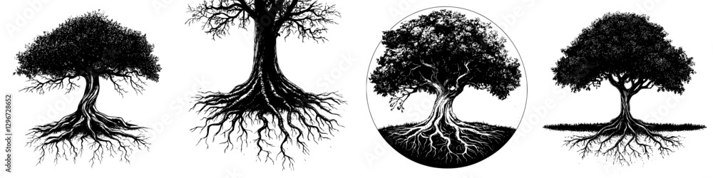 Poster hand draw vector illustration of various trees showcasing roots and branches in distinct styles and 