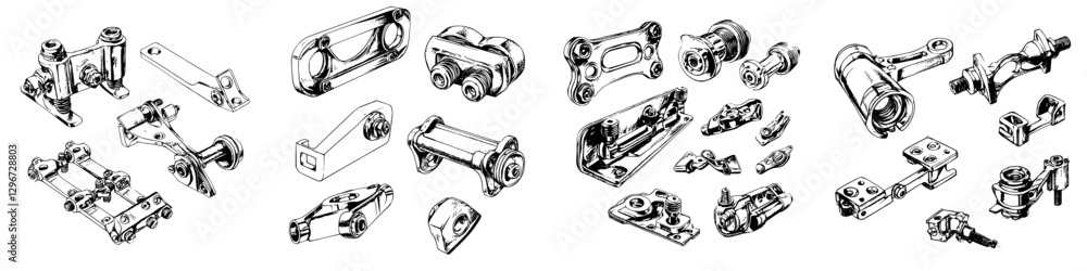 Poster detailed hand-drawn vector illustration of various mechanical parts arranged systematically for desi