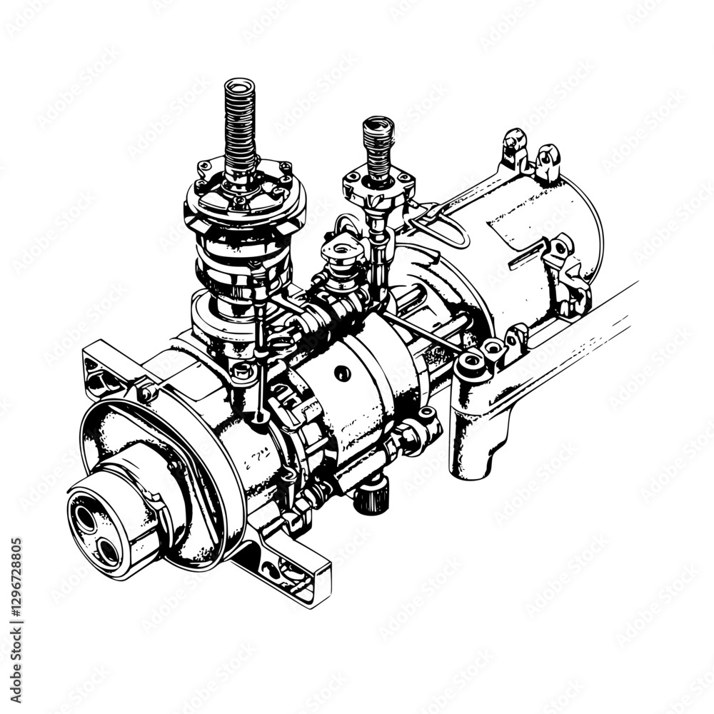 Poster hand drawn vector sketch of a mechanical engine component showcasing intricate details and design el