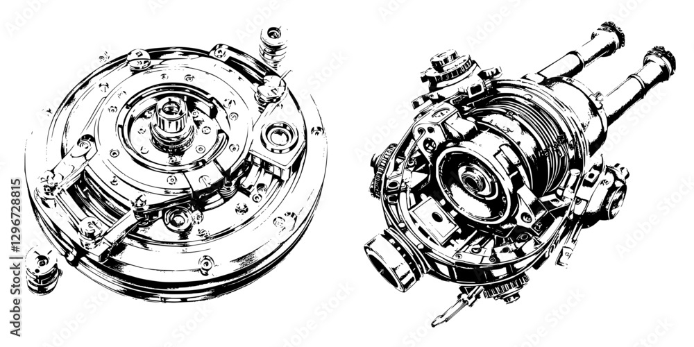 Poster hand-drawn vector illustration of mechanical components showcasing intricate design in a technical s
