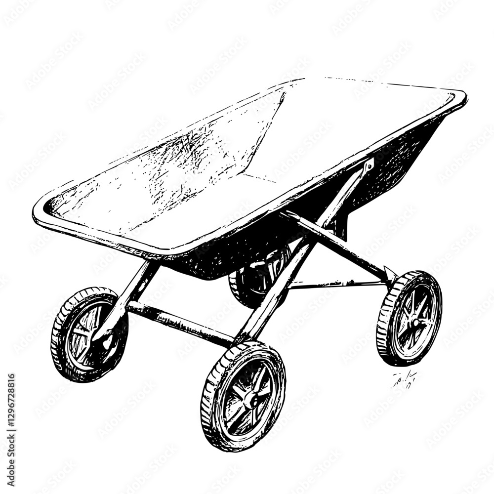 Poster hand drawn vector illustration of a wheelbarrow featuring a simple and detailed sketch design on a b