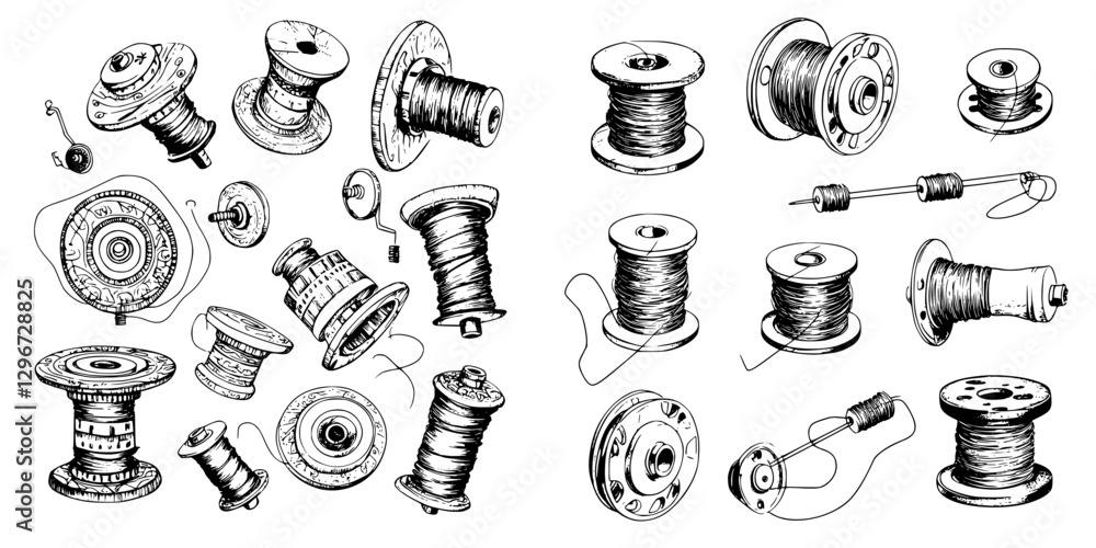 Poster hand-drawn vector illustration of various spools and threads representing textile tools and crafts