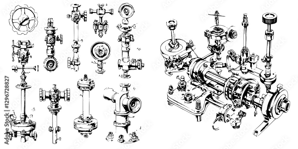 Poster hand-drawn vector sketch of industrial mechanical components and piping elements for technical illus
