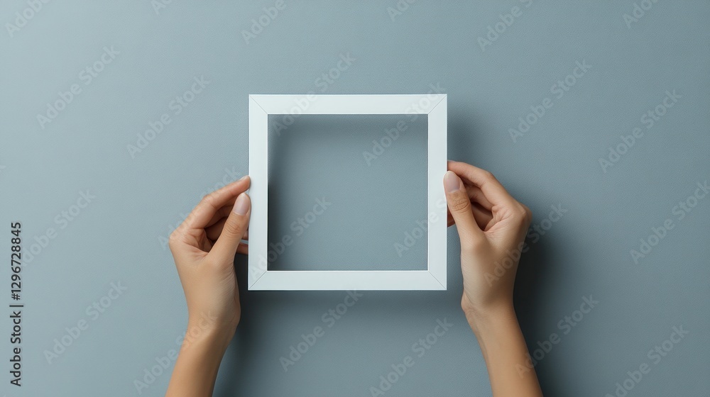 Poster hands holding square frame centered on simple gray backdrop, copy space for template, mockup