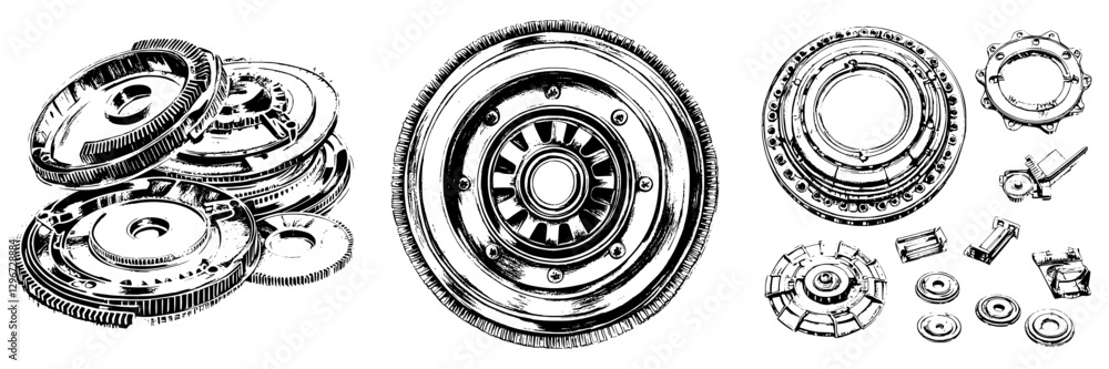 Poster hand-drawn sketch of mechanical components showcasing detailed gears and mechanisms in a technical d