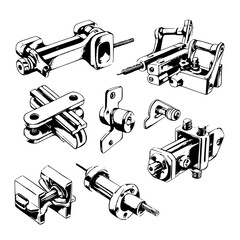 Hand drawn vector illustration of various mechanical components including fasteners and connectors in a detailed sketch format
