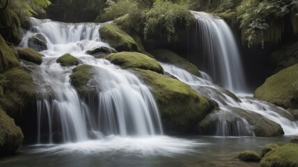 Obraz premium Serene Cascading Waterfall in Lush Green Forest Mossy Rocks Nature Scene