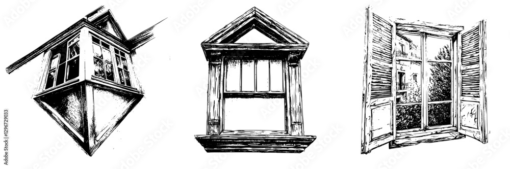 Poster detailed hand-drawn vector sketches of unique window designs highlighting architectural features