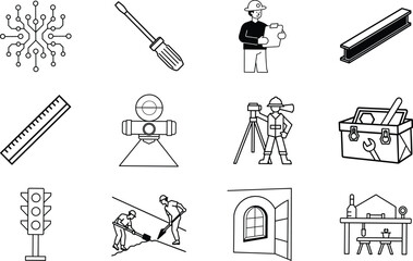 Construction, Engineering, Tools, Blueprint, Surveying, Worker, Icons, Design, Traffic, Safety