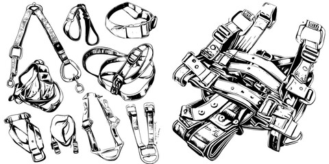 Detailed hand-drawn vector illustration of various harnesses and leashes for pets and outdoor activities