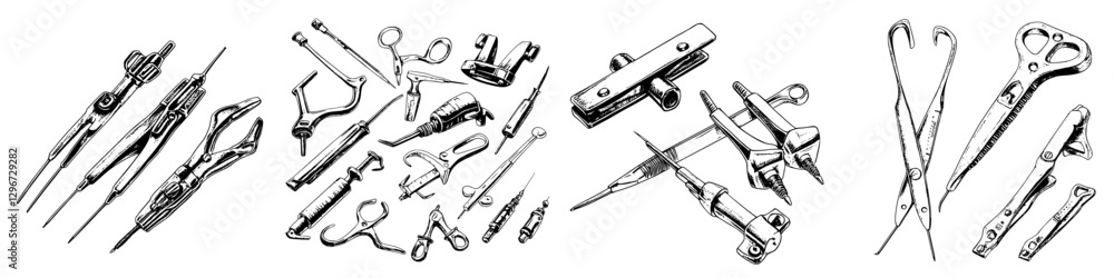 Poster hand-drawn vector illustration of various artistic tools and instruments arranged neatly on a white 