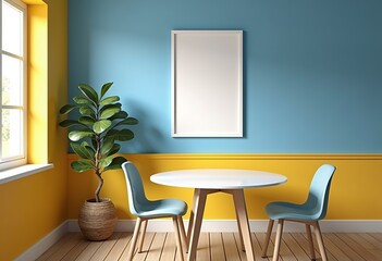 Photorealistic Dining Room Interior: A White Poster Frame Mockup on a Blue Wall, Bathed in Natural Light, with Yellow Walls and Floorboards, Table and Chairs, and a Plant Adding a Touch of Nature.


