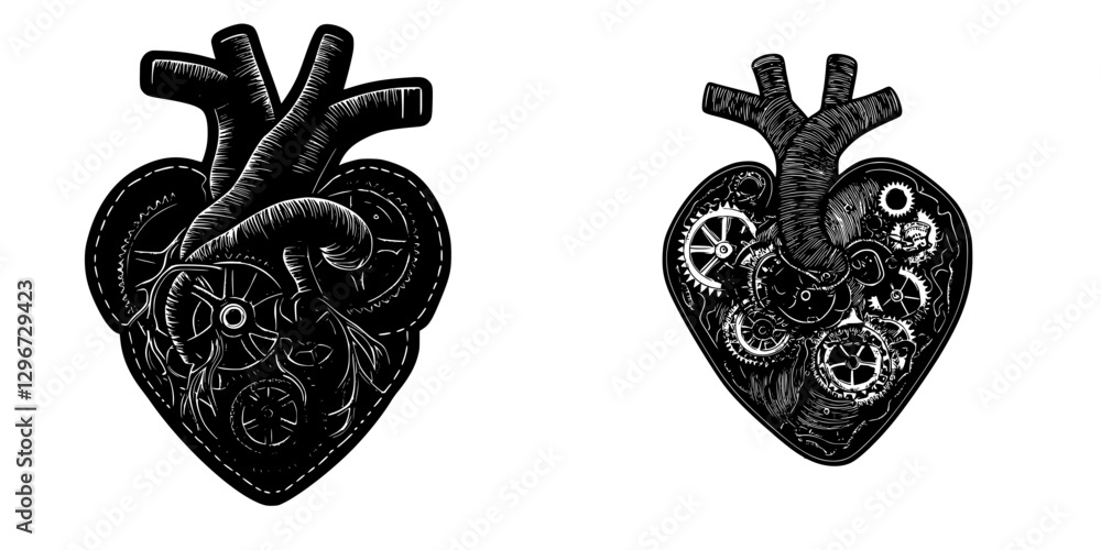 Poster surreal heart design combining anatomical features with mechanical elements in a unique hand-drawn s