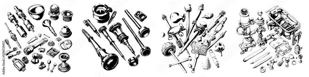 Poster hand drawn vector illustration of various mechanical tools and components arranged artistically on a