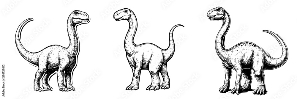 Poster hand-drawn vector illustration of three unique dinosaur sketches in various poses on a plain backgro
