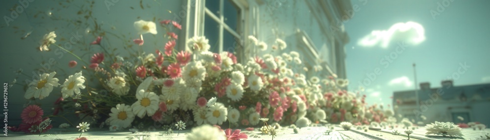 Poster a vibrant display of assorted flowers cascading along a windowsill under a bright sky, creating a ch