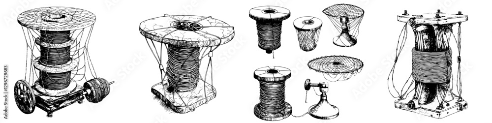 Poster hand drawn vector sketch illustration of various traditional thread spools and winding tools in a cr