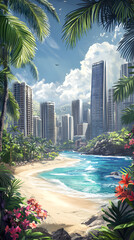 Fototapeta premium A vibrant cityscape of skyscrapers and tropical trees, with colorful flowers blooming in the foreground 