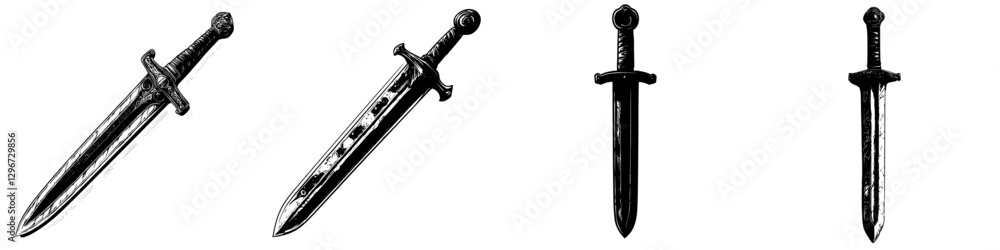 Poster hand drawn vector illustration of different sword designs in a detailed sketch format showcasing uni
