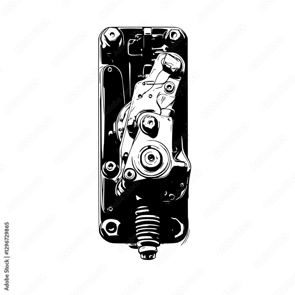 Poster hand drawn vector illustration of a complex mechanical component on a flat background