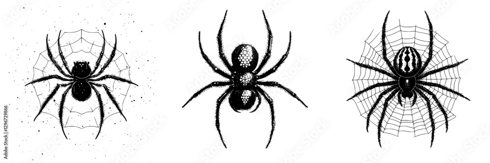 Aufkleber hand drawn vector illustrations showcasing three distinct spider designs featuring web patterns and 