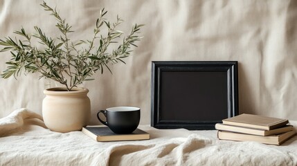Still life plant, frame, books, cup on table; natural light; neutral linen backdrop for home decor aesthetic