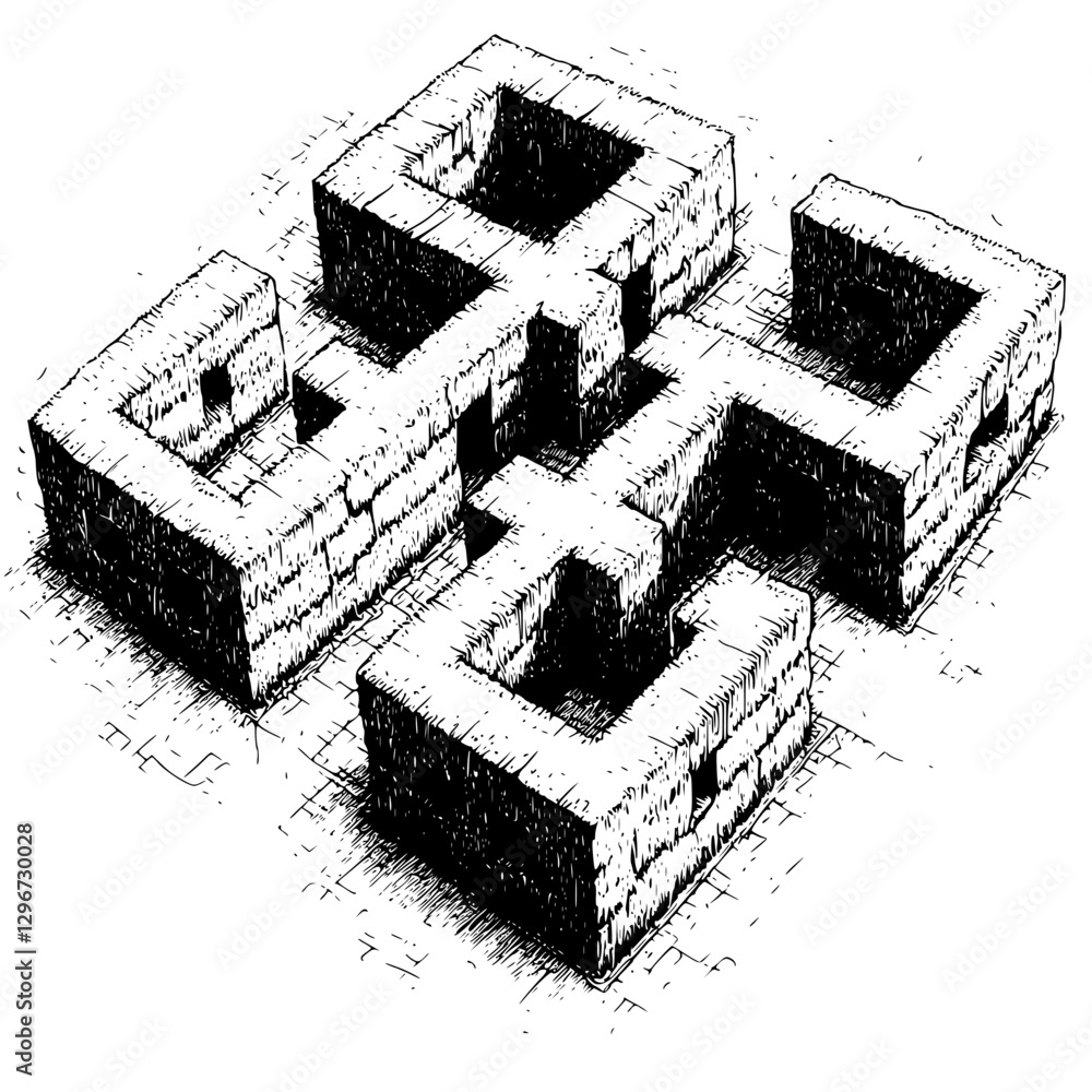 Poster intricate hand-drawn vector sketch of a complex maze structure with stone walls and shadows on the g