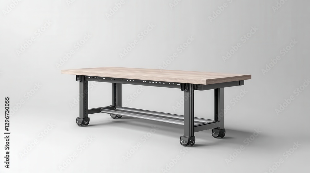 Poster modern industrial workbench with wooden surface and rolling wheels for versatile workspace usage