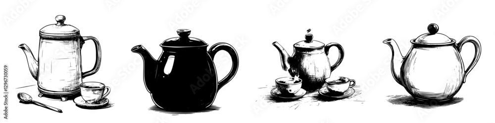 Poster hand drawn vector illustration of various tea kettles and cups in a simple design showcasing eleganc