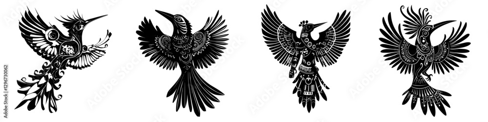 Aufkleber hand drawn vector illustration of four unique bird sketches featuring intricate designs and patterns