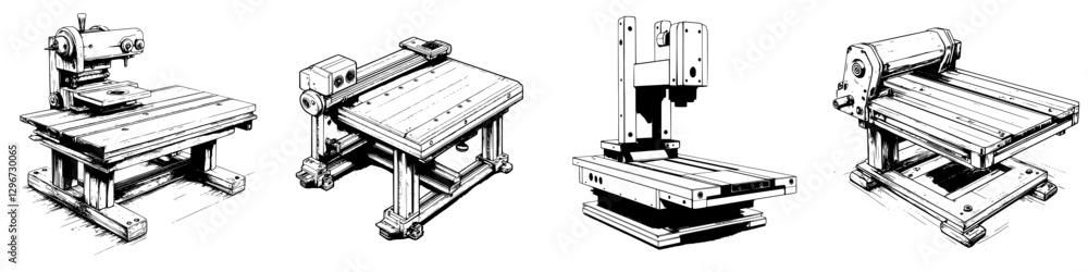 Poster hand-drawn vector illustration of four woodworking machines on workshop tables showing detailed desi