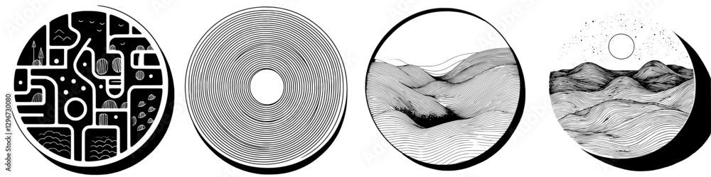 Poster sketch showcases four distinct circular designs featuring abstract landscapes, each with unique patt