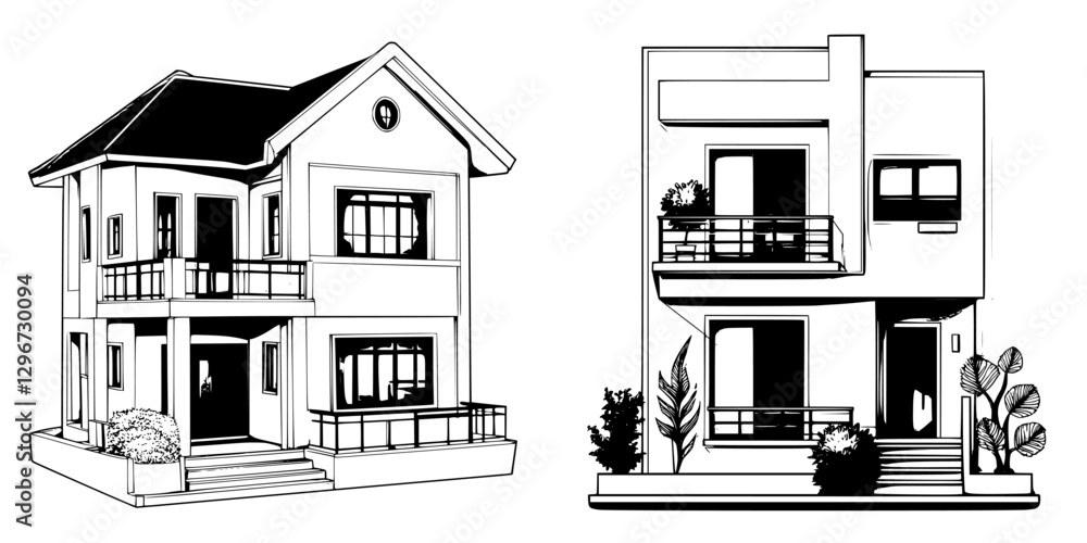 Poster vector illustration sketch showcasing two distinct house designs with various architectural features