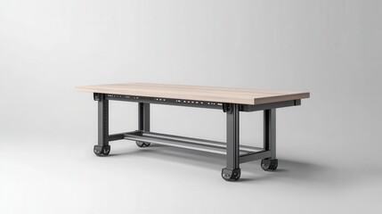 Modern Industrial Workbench with Wooden Surface and Rolling Wheels for Versatile Workspace Usage