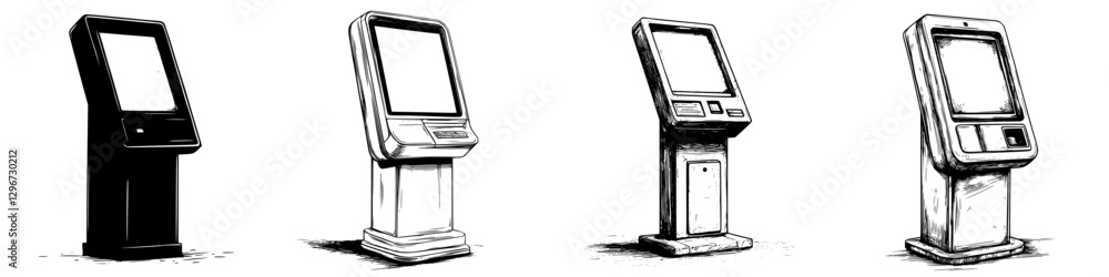 Poster hand drawn vector sketch of four distinct kiosk designs showcasing various styles and features for p