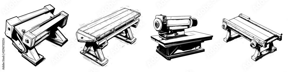 Poster hand drawn vector illustration of various types of work benches and clamps in a workshop setting