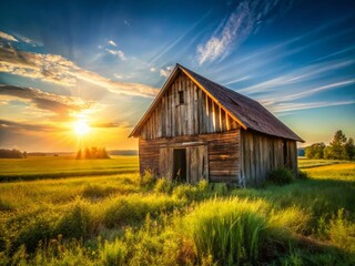Panoramic View of Rustic Wooden Structure in a Sunlit Field