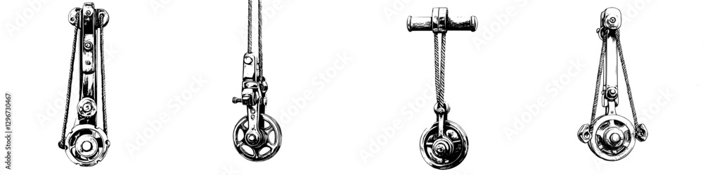 Poster hand drawn vector illustration sketch of various pulley systems showcasing mechanical design and fun