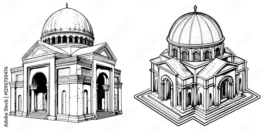 Poster elegant hand-drawn vector sketch of domed architecture featuring detailed designs and intricate elem