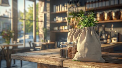 Rustic Cafe Interior with Fresh Herbs and Natural Light