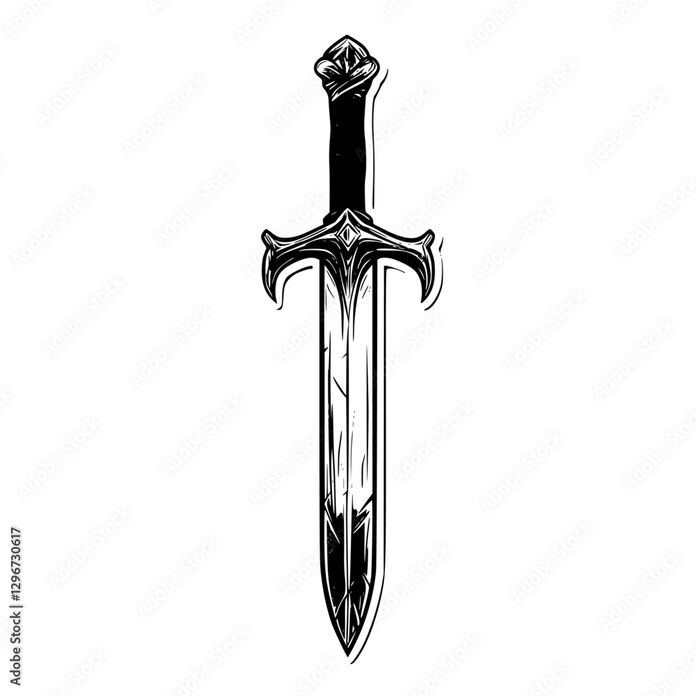 Poster hand-drawn vector illustration of a fantasy dagger with intricate designs and sharp edges displayed 
