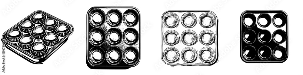 Poster hand drawn vector illustration of muffin trays arranged in a neat line with distinct shapes and size