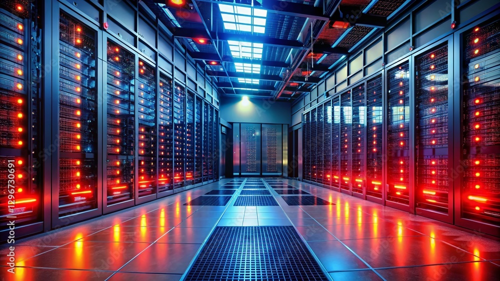 Poster panoramic view of server room showing data breach in progress - admin access compromised